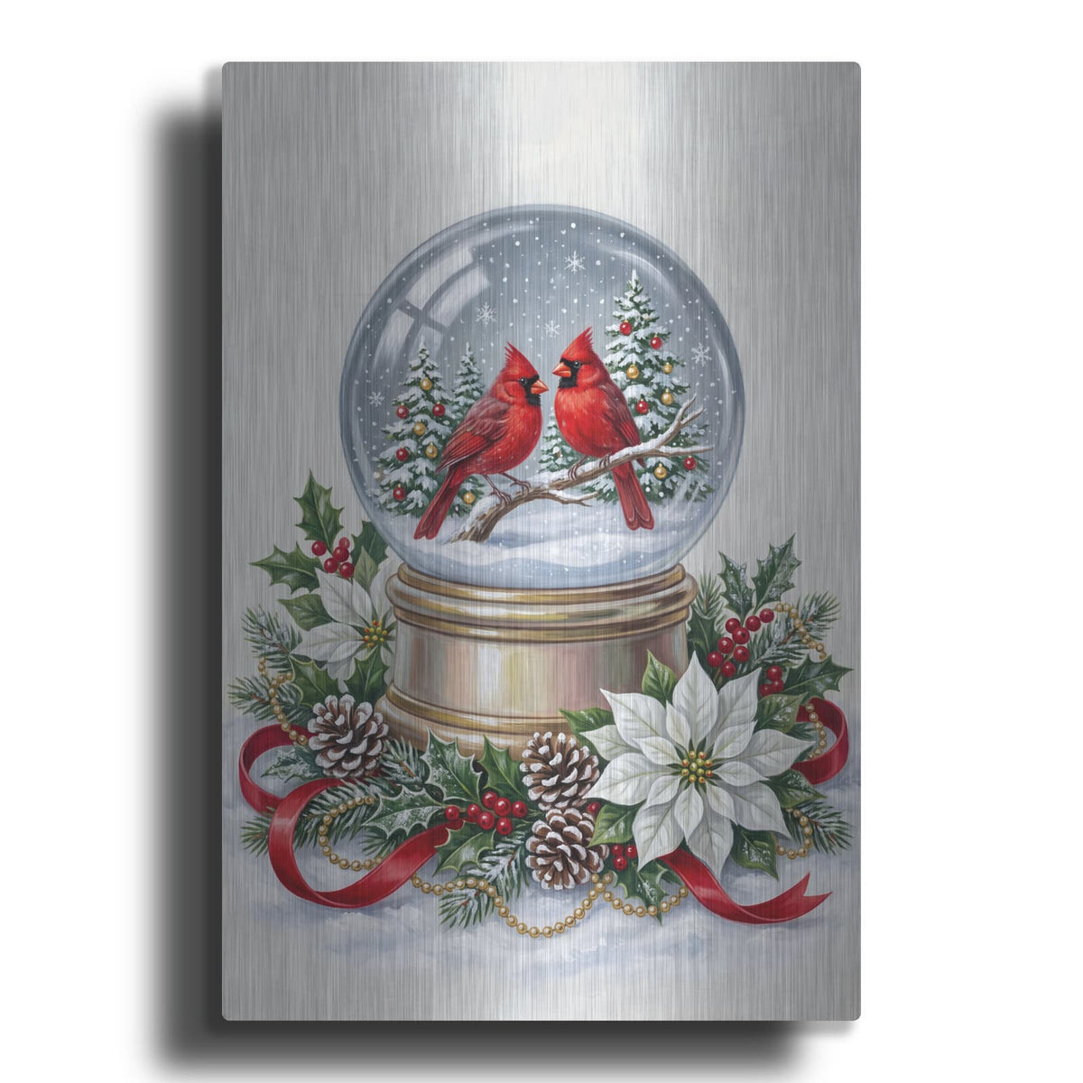 'Winter Cardinals Snow Globe' by Veve – Metal Wall Art