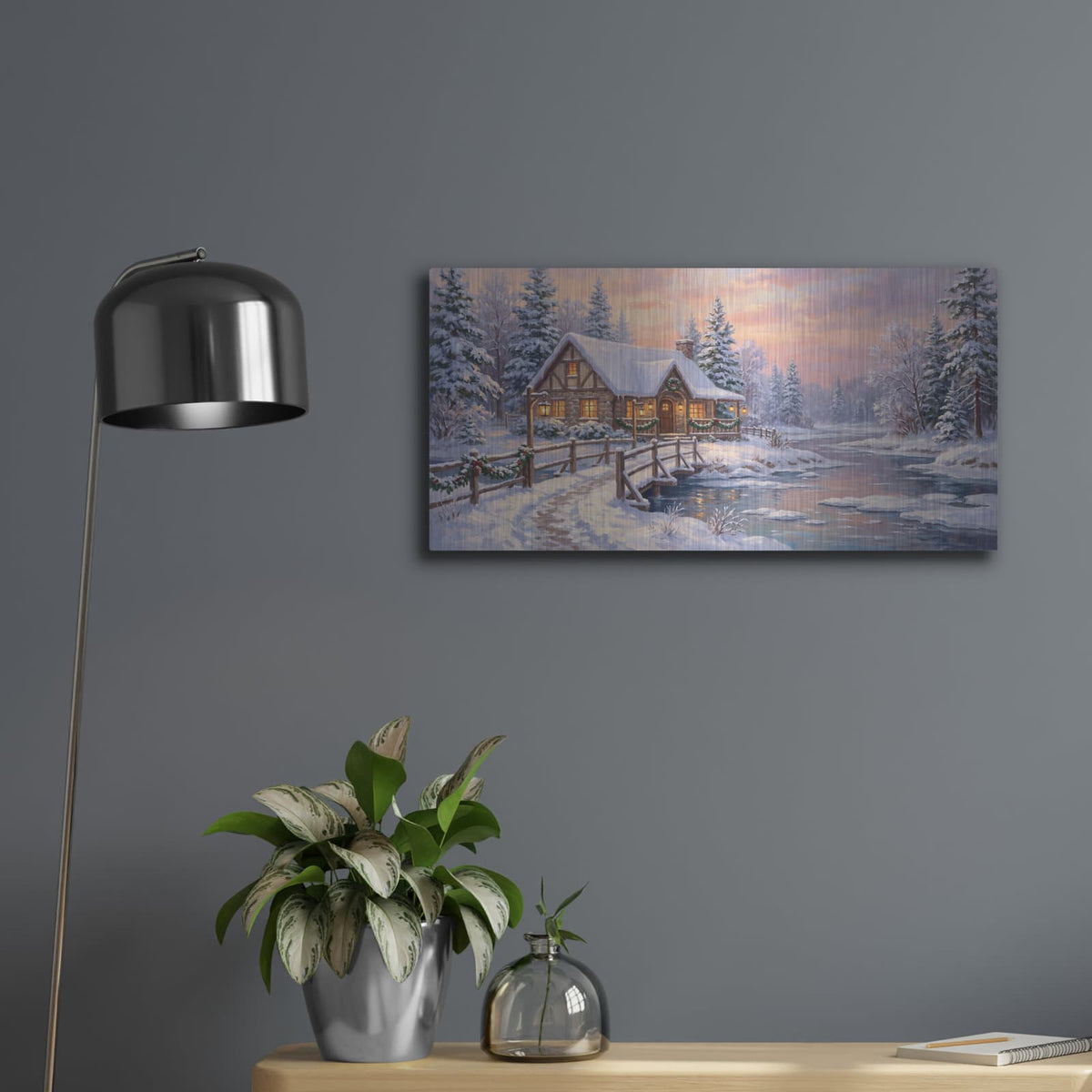 'Winter Cottage' by Veve – Metal Wall Art, 24x12 room view