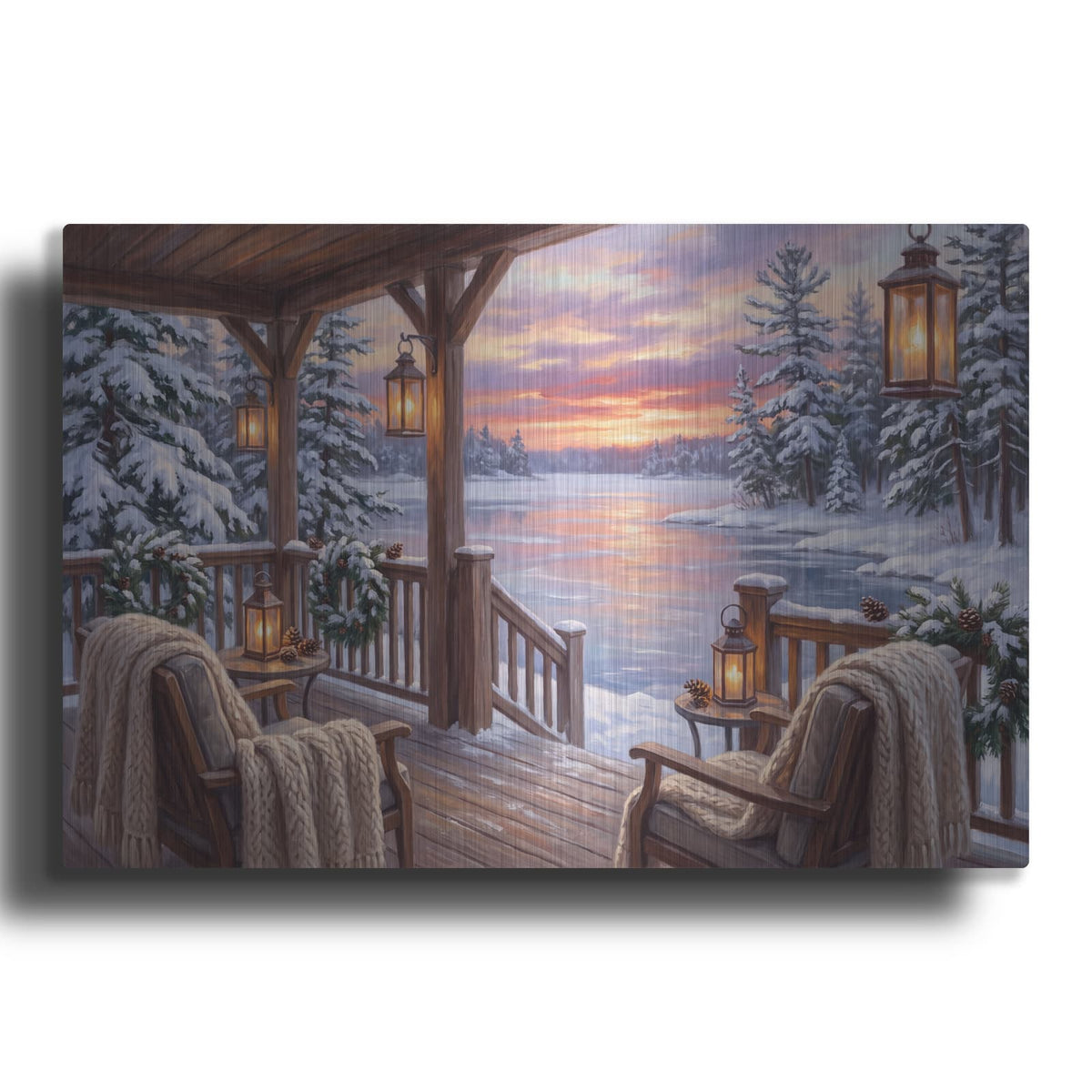 'Winter Frost Lake Sunset Snowy Porch with Lanterns' by Veve – Metal Wall Art