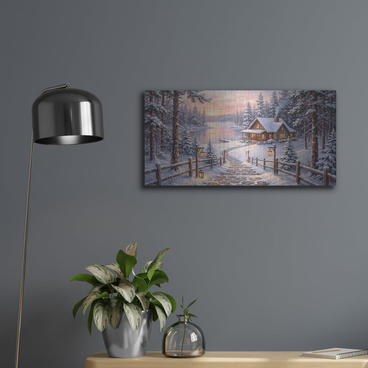 'Winter Lake House at Sunrise' by Veve – Metal Wall Art, 24x12 room view