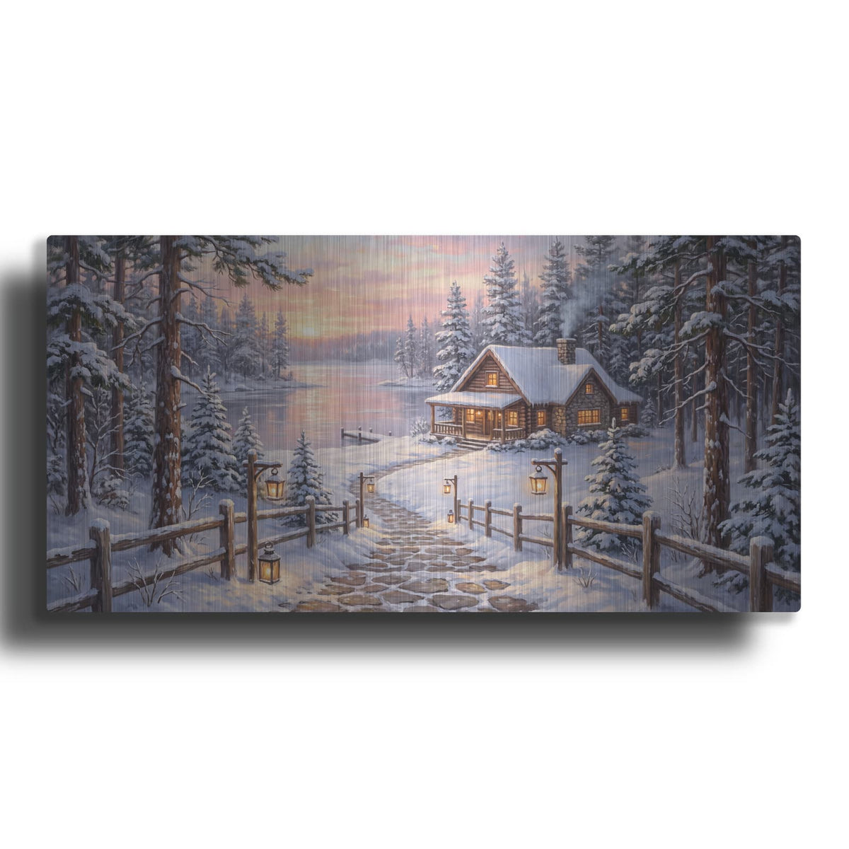 'Winter Lake House at Sunrise' by Veve – Metal Wall Art
