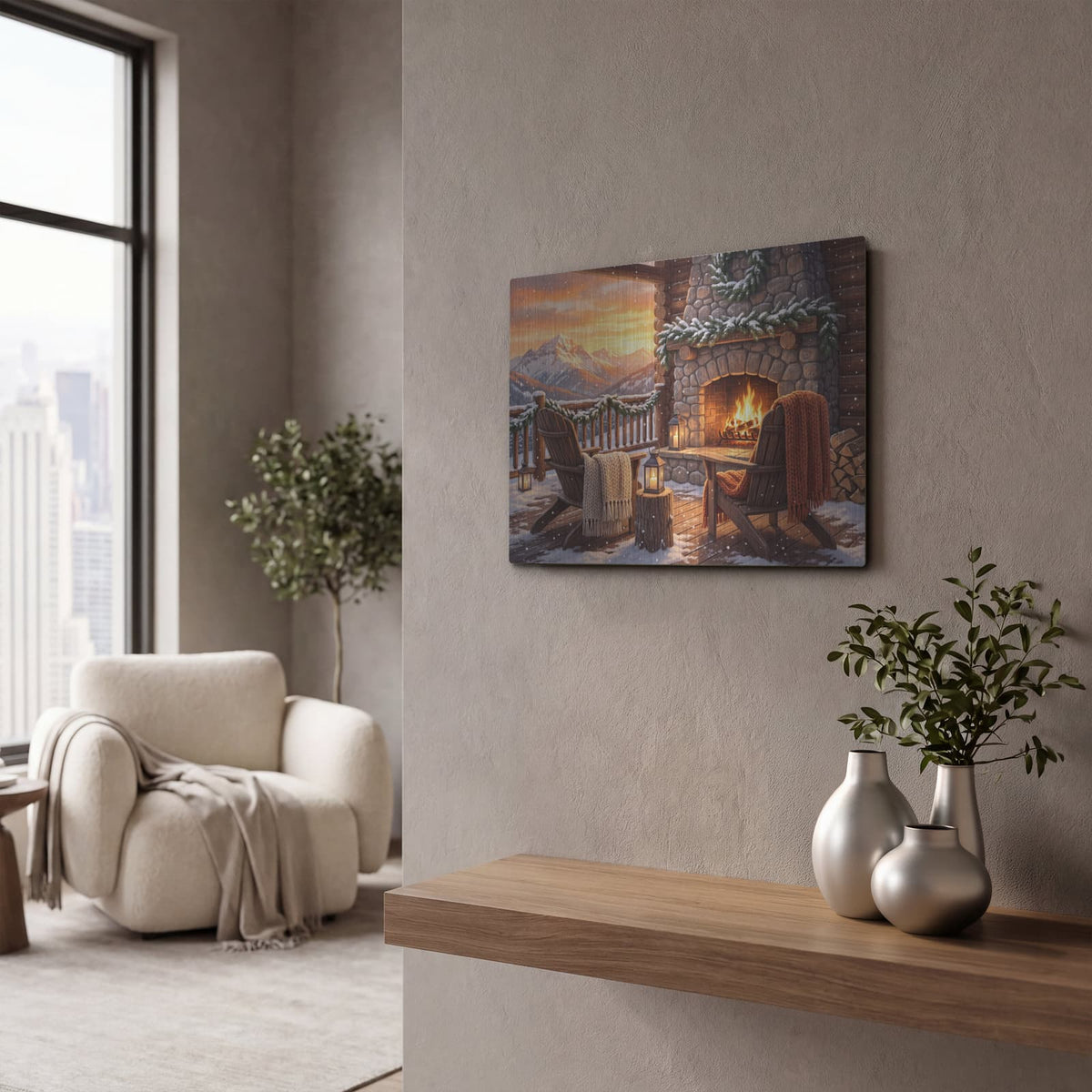 'Winter Mountain Cabin Fireplace' by Veve – Metal Wall Art, 16x12 room view