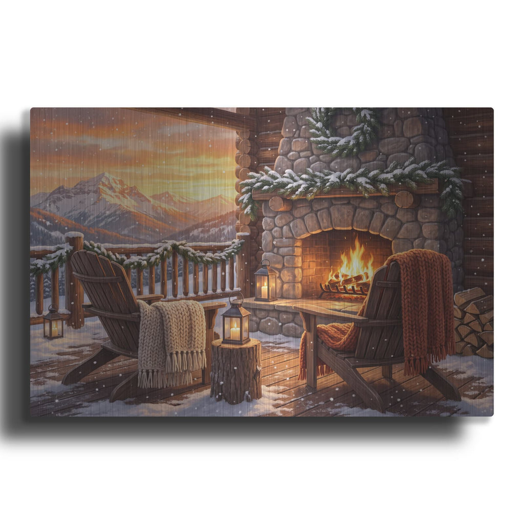 'Winter Mountain Cabin Fireplace' by Veve – Metal Wall Art