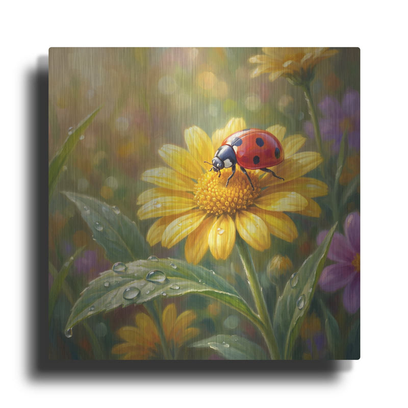 'Yellow Daisy and Ladybug' by Veve – Metal Wall Art