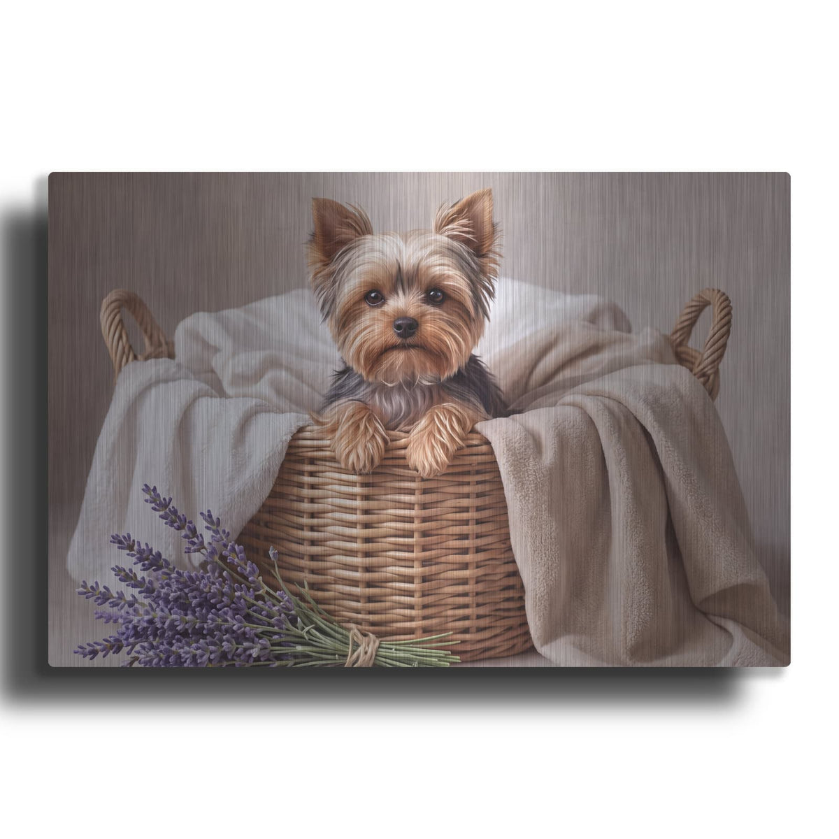 'Yorkshire Terrier in Laundry Basket' by Veve – Metal Wall Art