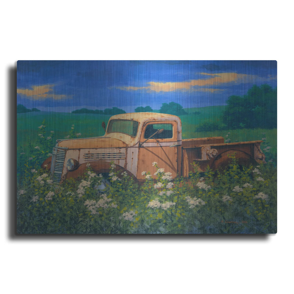 'Truck In the Meadow Adobe' by Richard Courtney – Metal Wall Art