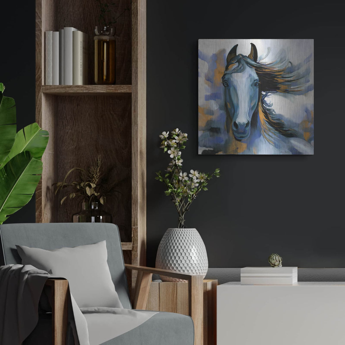 'Wild Blues' by Louise Montillio – Metal Wall Art, 24x24 room view