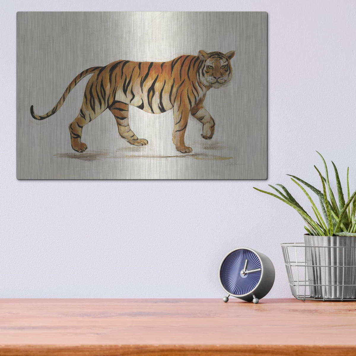 'Walking Tiger Light' by Silvia Vassileva – Metal Wall Art, 16x12 room view