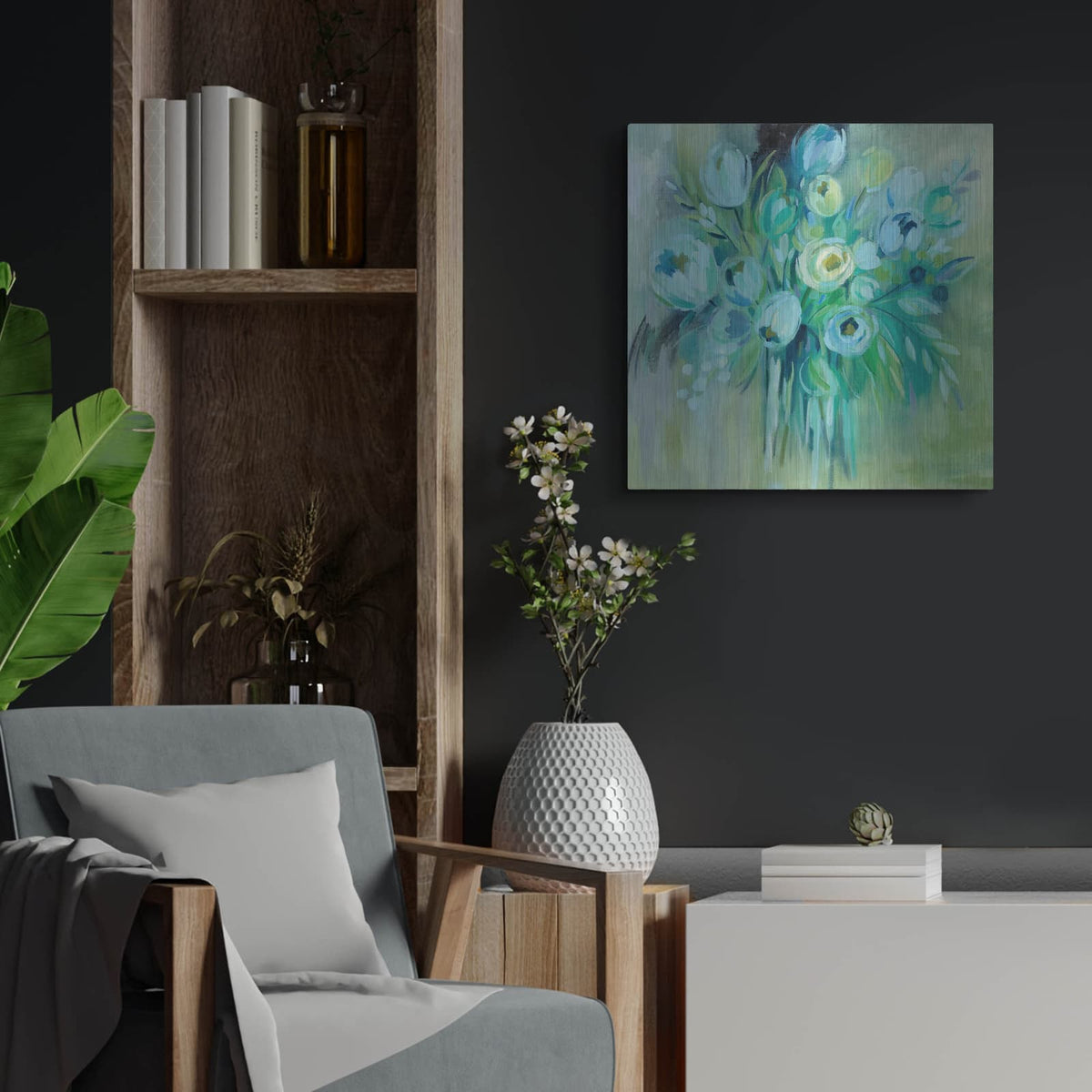 'Aurora Borealis Florals' by Silvia Vassileva – Metal Wall Art, 24x24 room view