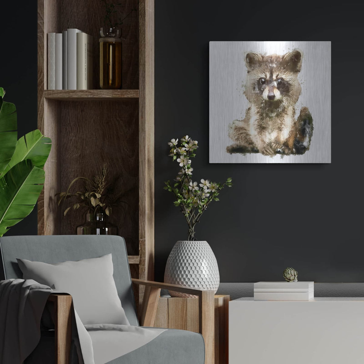 'Ricky Racoon' by Kim Curinga – Metal Wall Art, 24x24 room view
