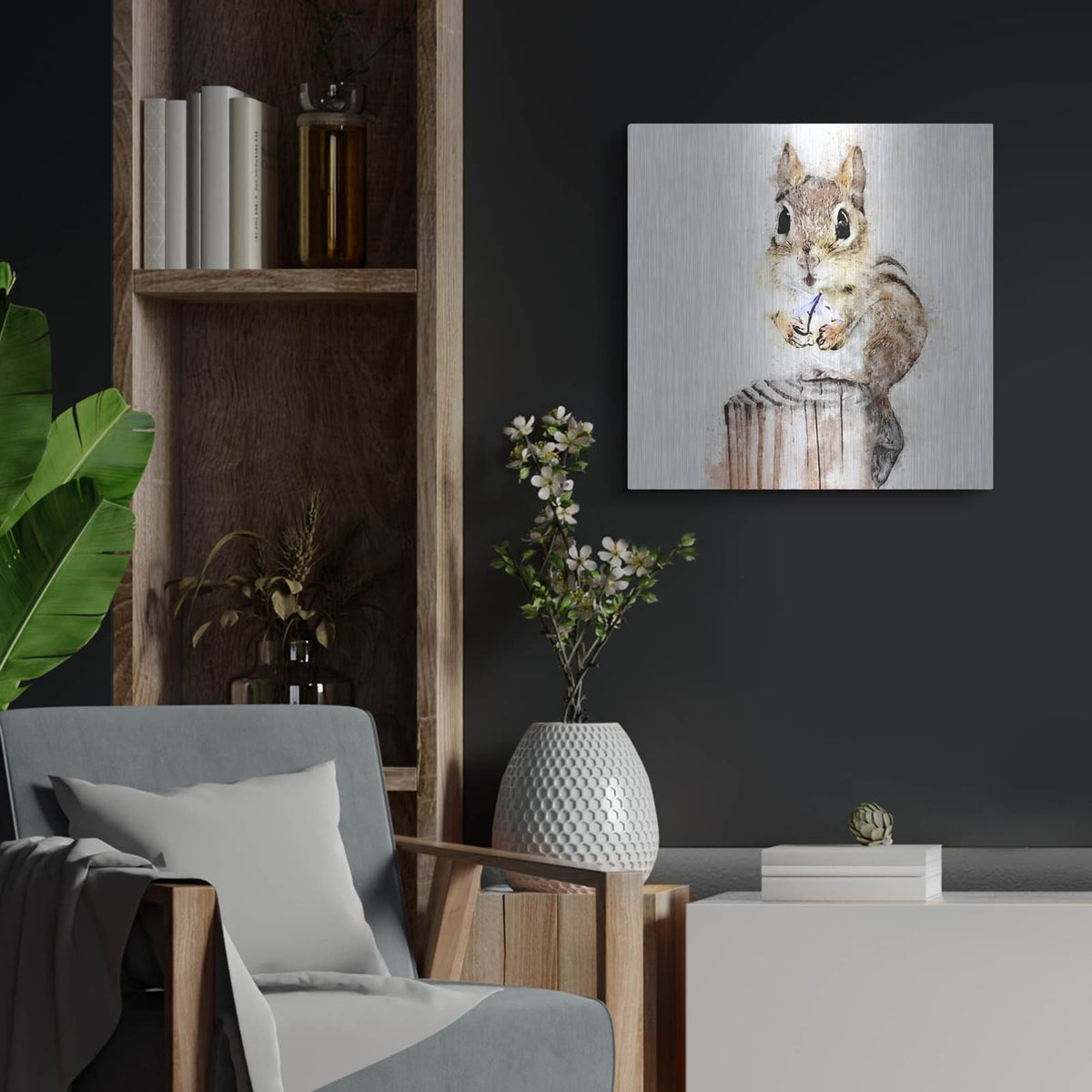 'Chippy With Flower' by Kim Curinga – Metal Wall Art, 24x24 room view