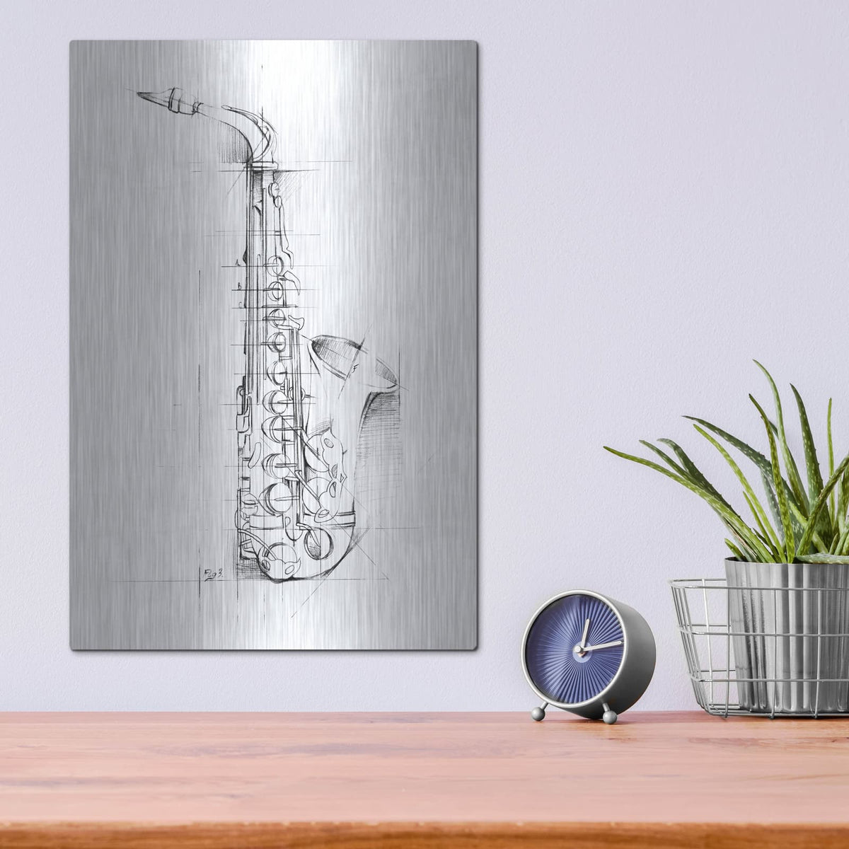 'Saxophone Sketch' by Ethan Harper – Metal Wall Art, 12x16 room view