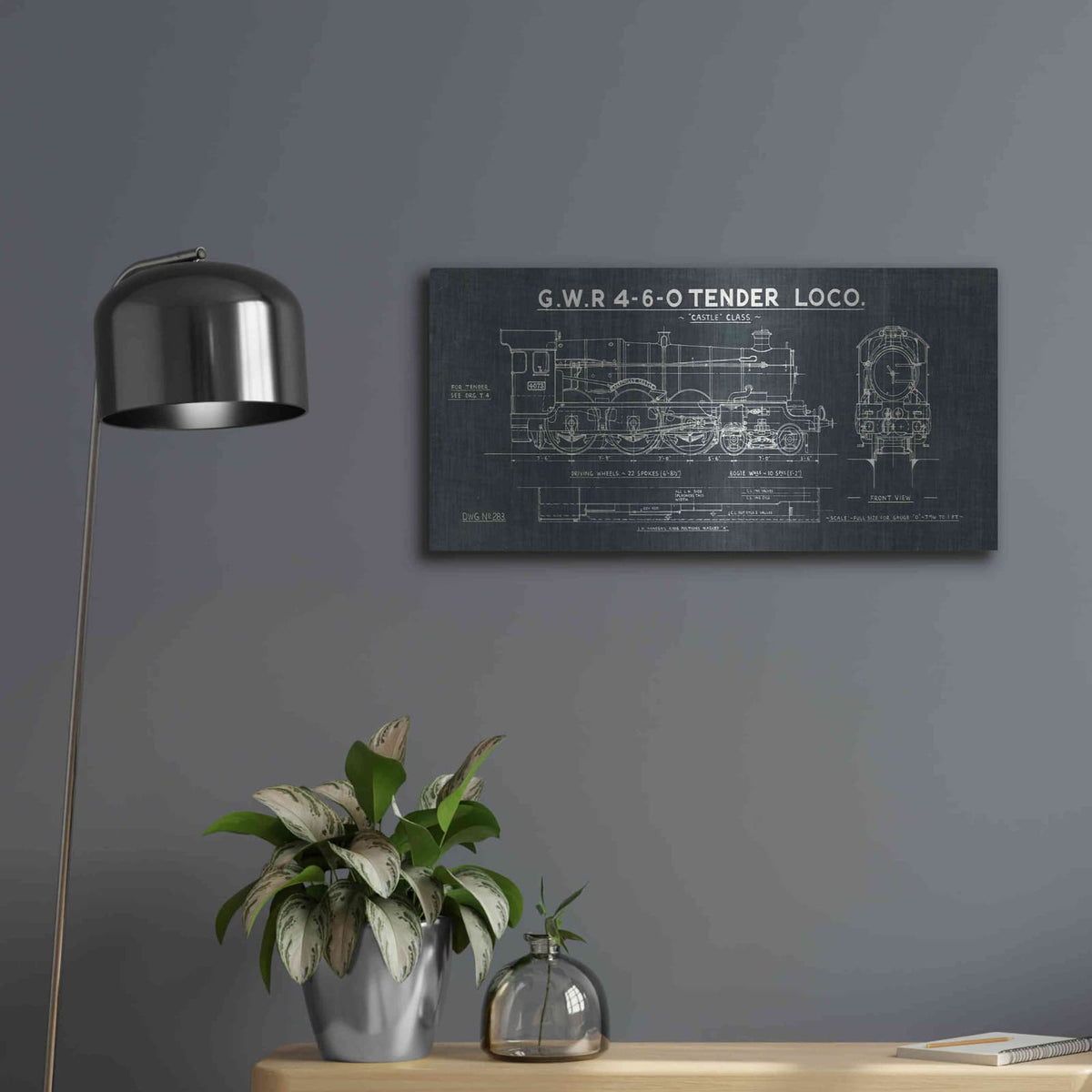 'Train Blueprint III' by Wild Apple Portfolio – Metal Wall Art, 24x12 room view