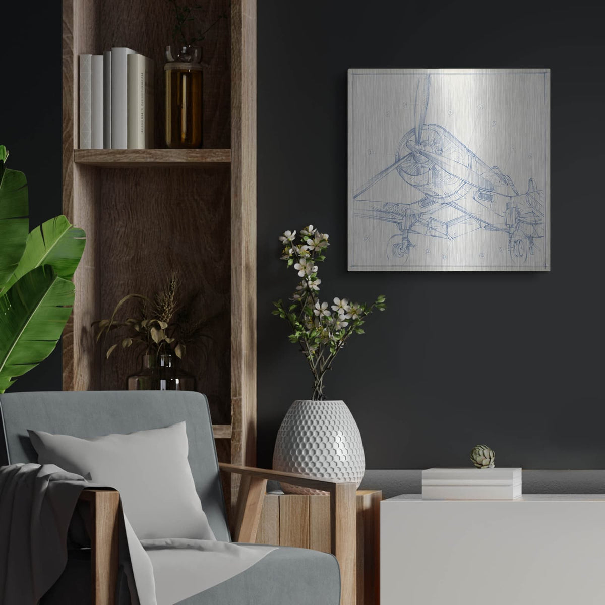 'Airplane Mechanical Sketch II' by Ethan Harper – Metal Wall Art, 24x24 room view