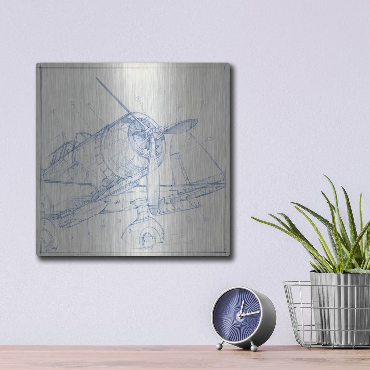 'Airplane Mechanical Sketch I' by Ethan Harper – Metal Wall Art, 12x12 room view