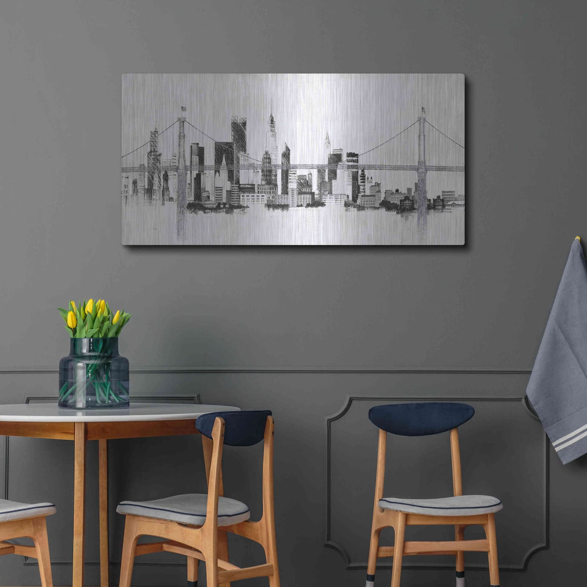 'Bridge And Skyline Silver' by Avery Tillmon – Metal Wall Art, 48x24 room view