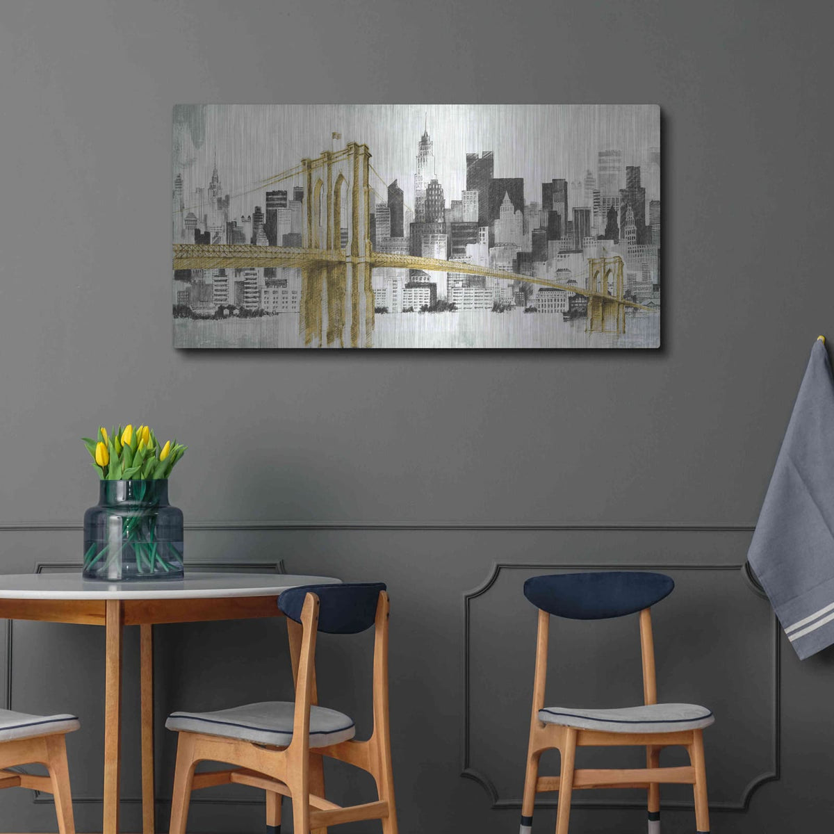 'New York Skyline I Yellow Bridge' by Avery Tillmon – Metal Wall Art, 48x24 room view