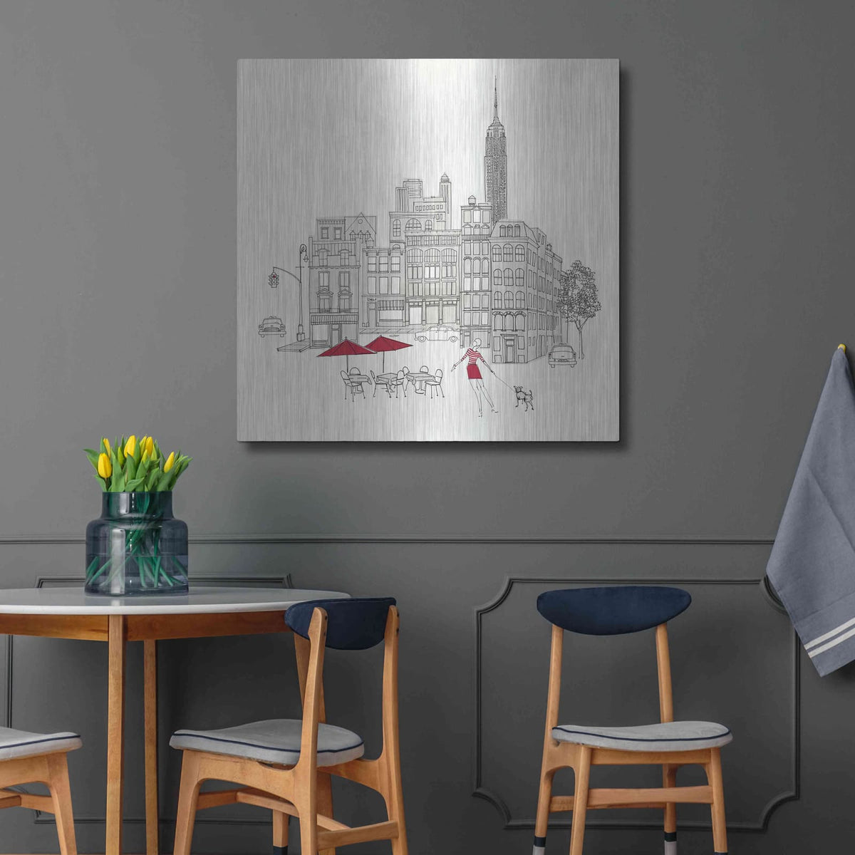 'World Cafe III NYC Red' by Avery Tillmon – Metal Wall Art, 36x36 room view