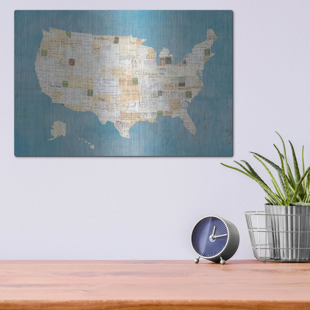 'Vintage USA on Blue' by Courtney Prahl – Metal Wall Art, 16x12 room view