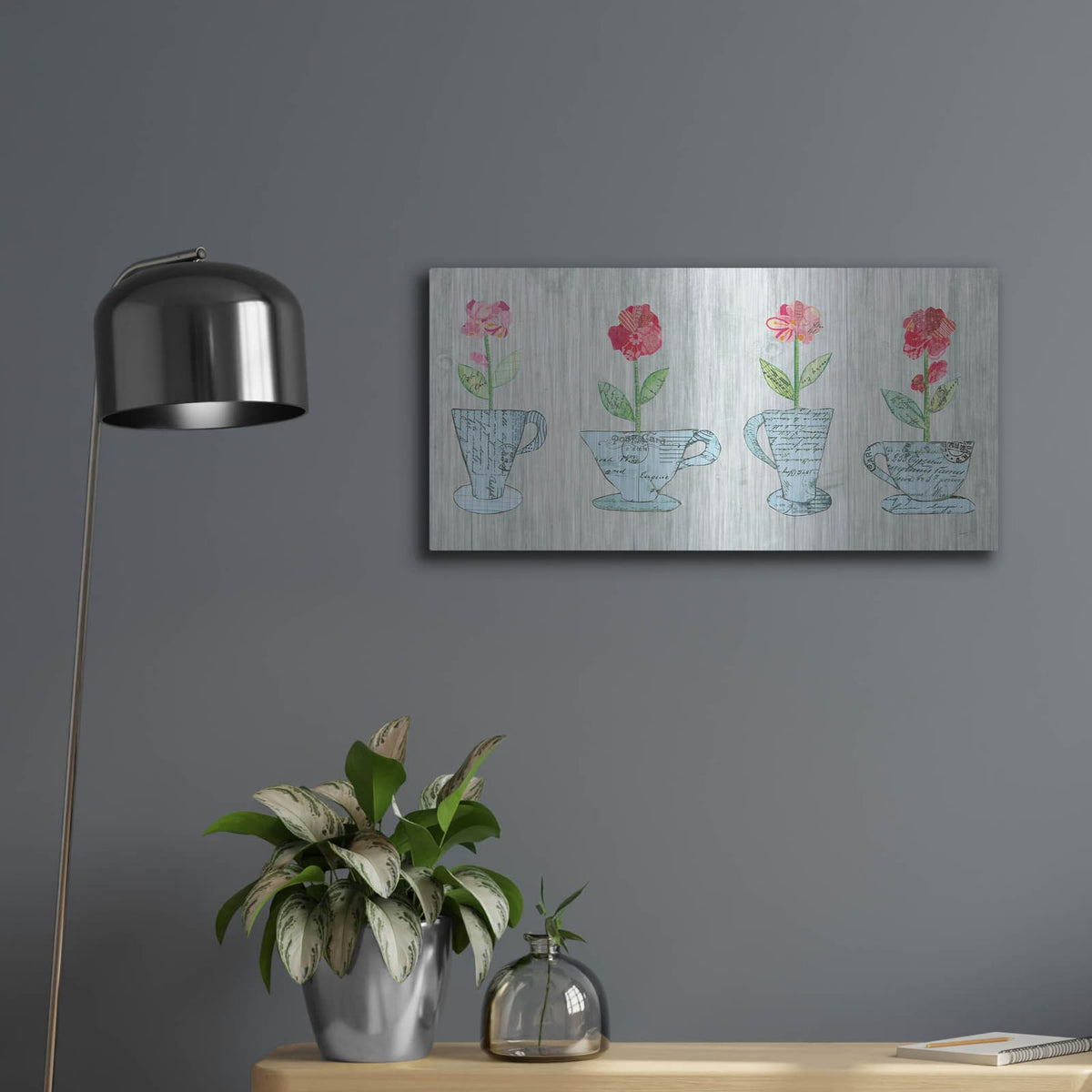 'Teacup Floral V Shiplap' by Courtney Prahl – Metal Wall Art, 24x12 room view