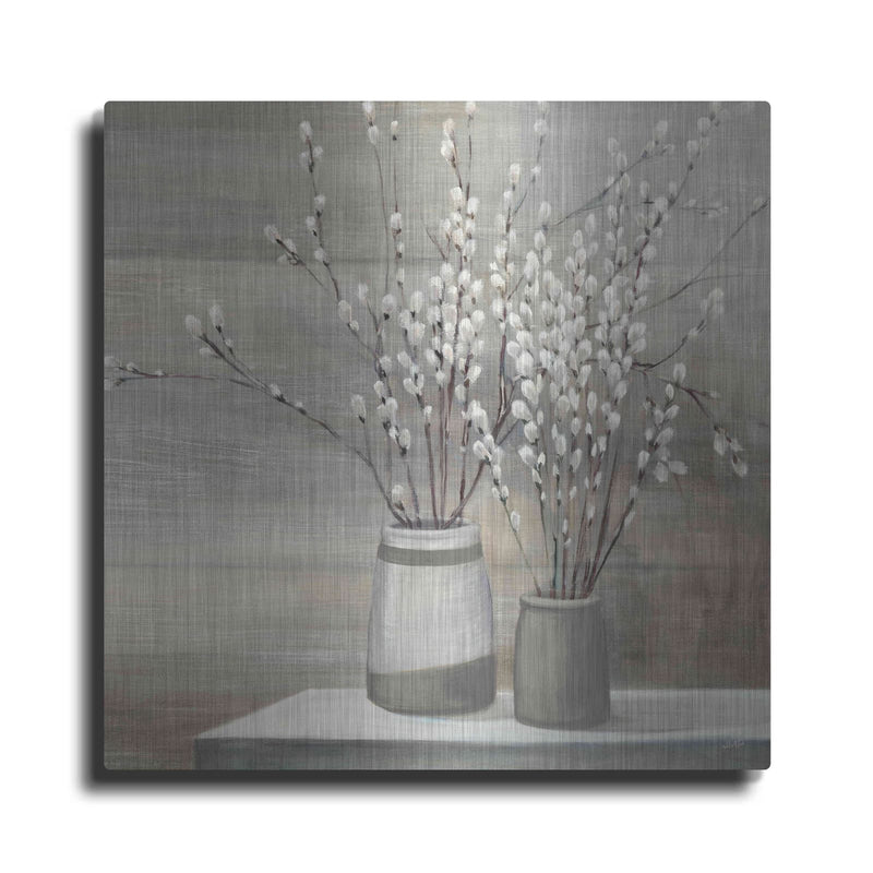'Pussy Willow Still Life Gray Pots' by Julia Purinton – Metal Wall Art