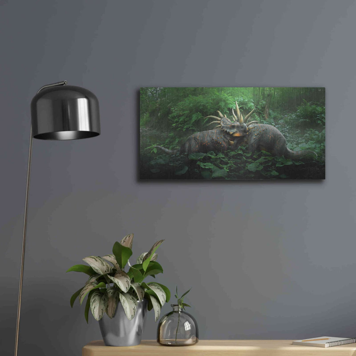 'Dueling Styracosaurus' by Damir Martin – Metal Wall Art, 24x12 room view