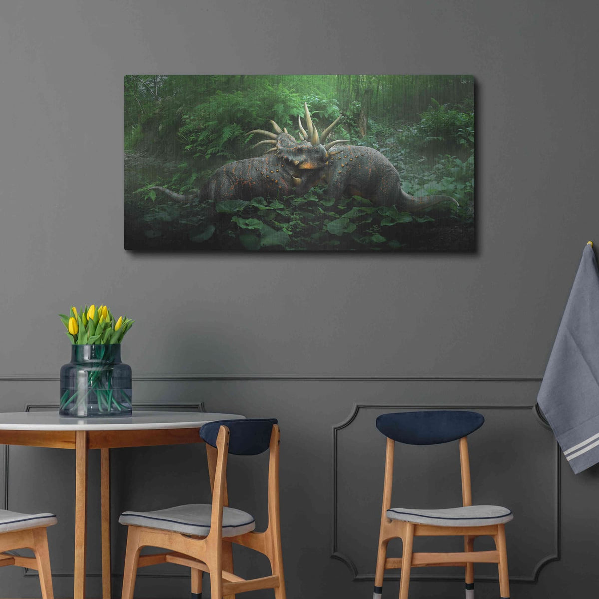 'Dueling Styracosaurus' by Damir Martin – Metal Wall Art, 48x24 room view