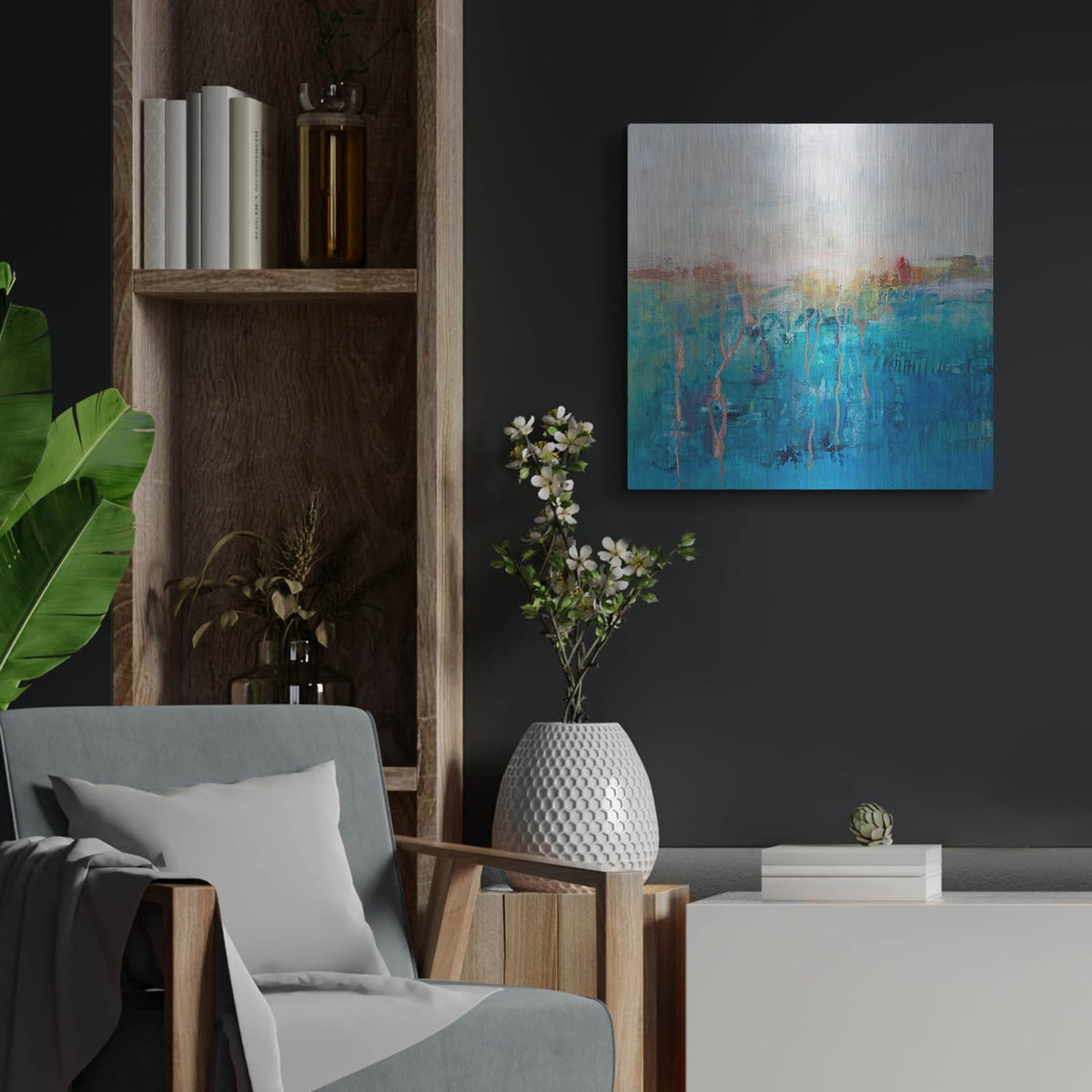 'Blue Horizon' by Jennifer Gardner – Metal Wall Art, 24x24 room view