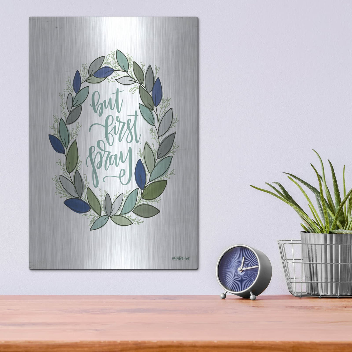 'But First Pray Wreath' by Imperfect Dust – Metal Wall Art, 12x16 room view