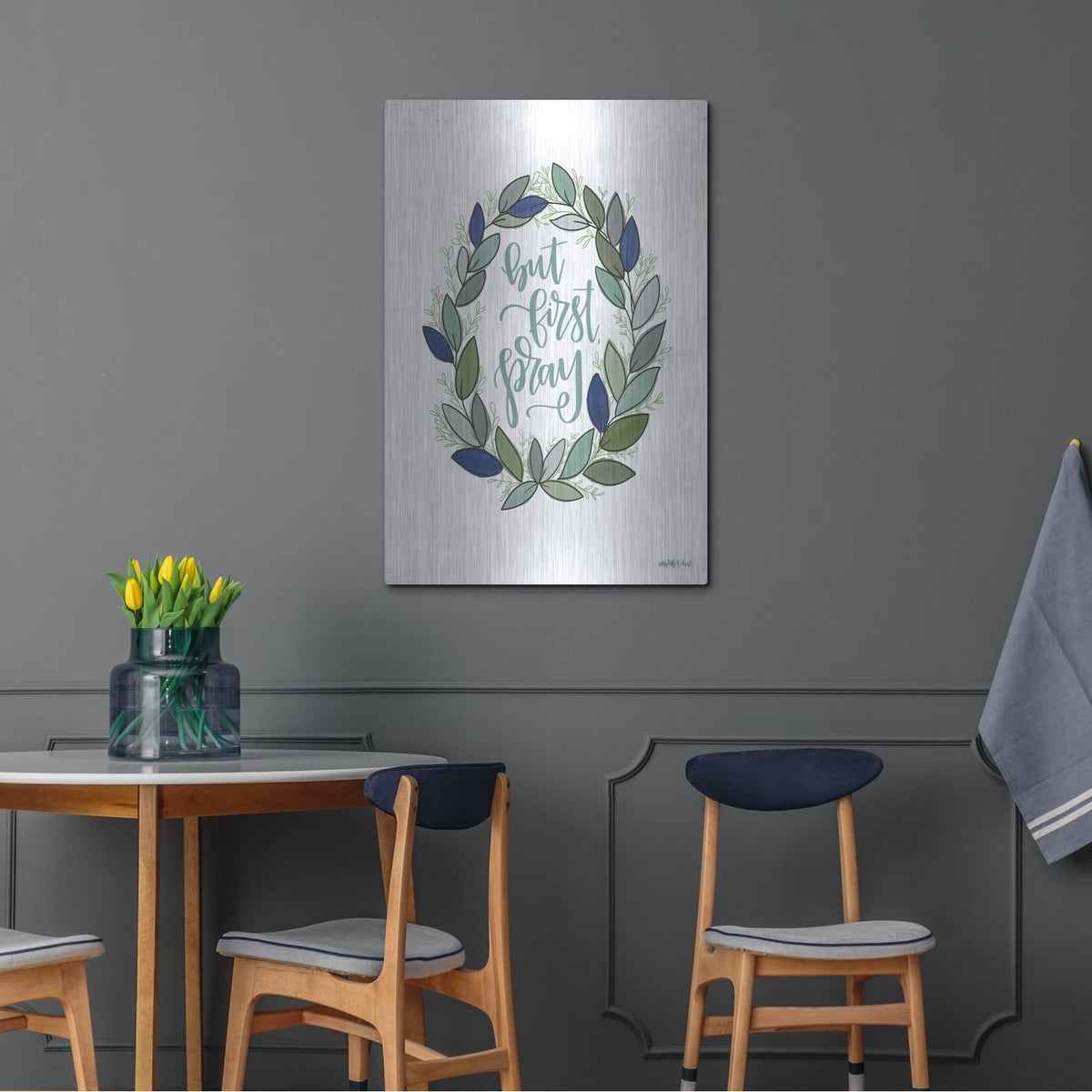 'But First Pray Wreath' by Imperfect Dust – Metal Wall Art, 24x36 room view
