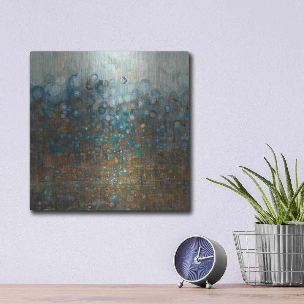 'Blue And Bronze Dots' by Danhui Nai – Metal Wall Art, 12x12 room view