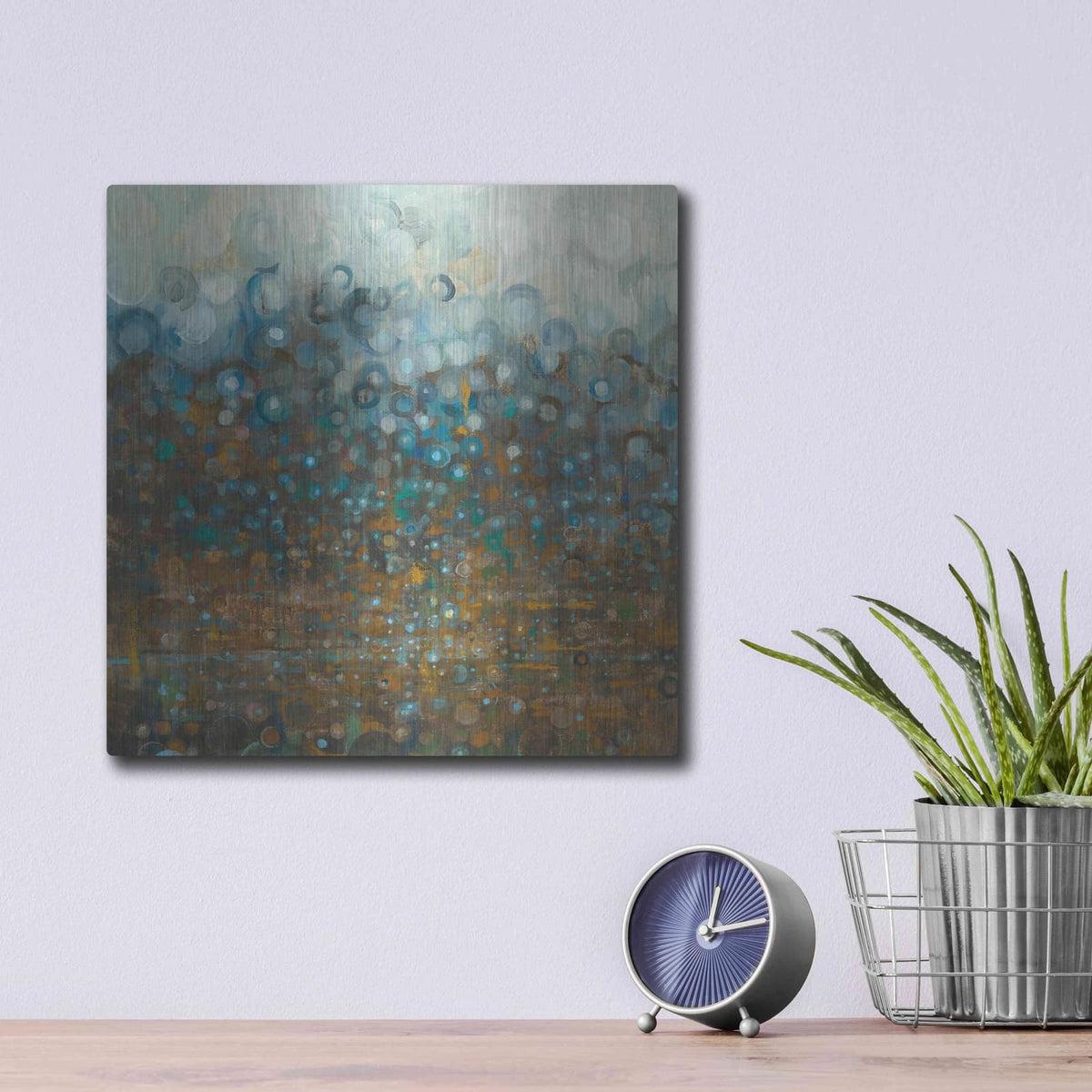 'Blue And Bronze Dots' by Danhui Nai – Metal Wall Art, 12x12 room view