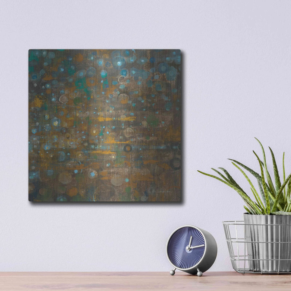 'Blue And Bronze Dots X' by Danhui Nai – Metal Wall Art, 12x12 room view