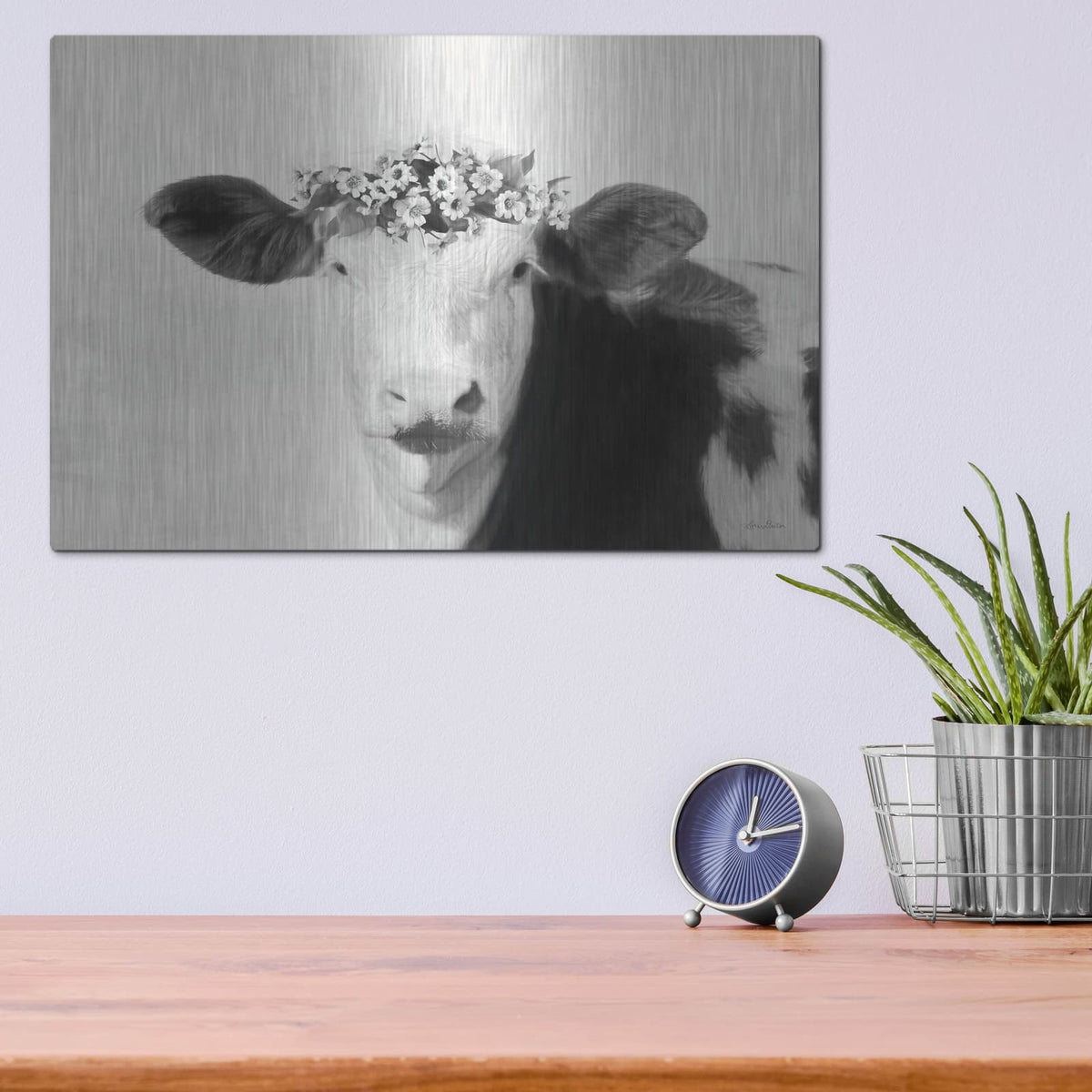 'Spotted Cow with Flowers' by Lori Deiter – Metal Wall Art, 16x12 room view