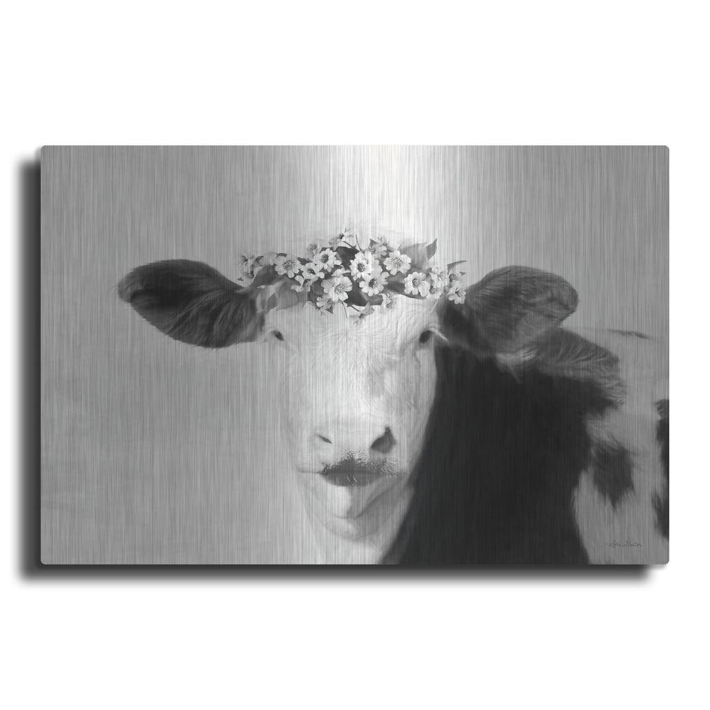 'Spotted Cow with Flowers' by Lori Deiter – Metal Wall Art