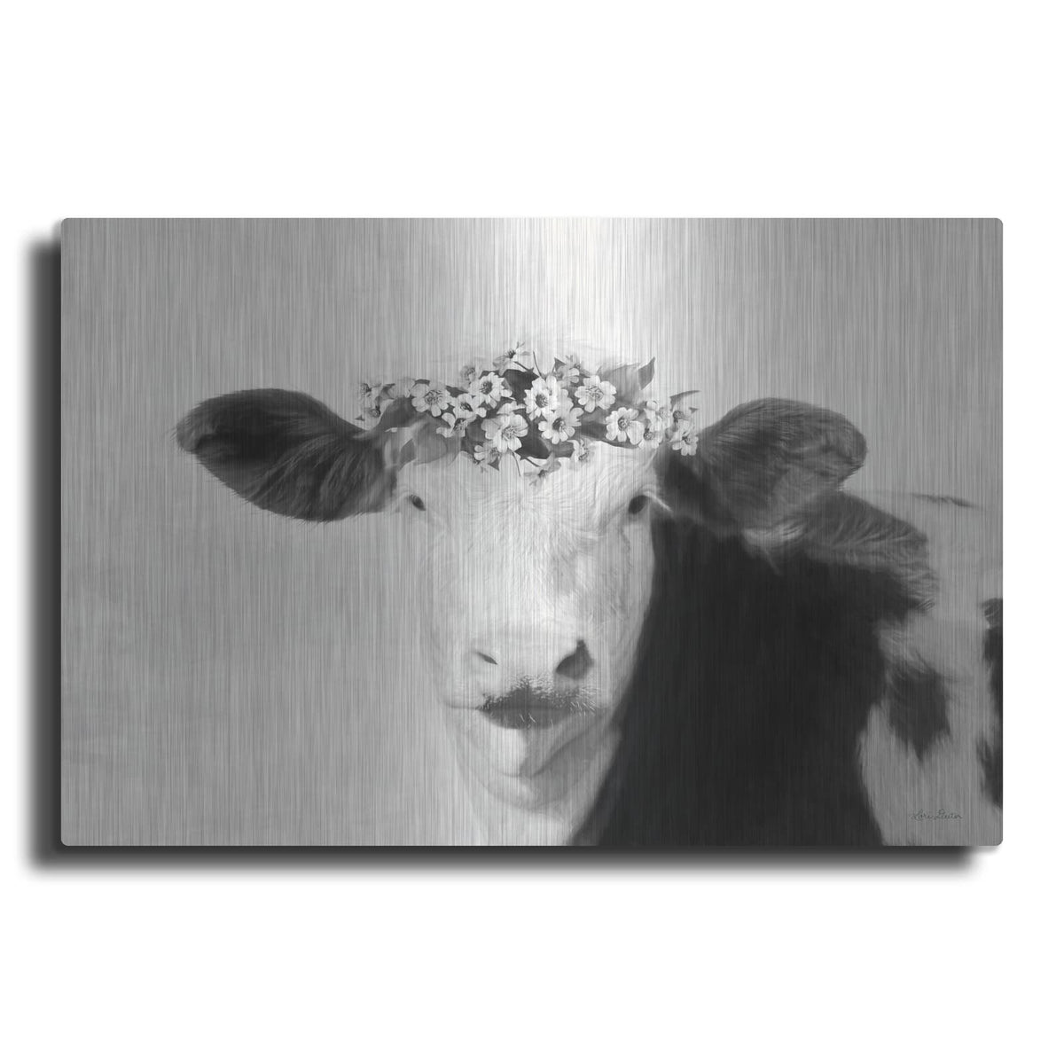 'Spotted Cow with Flowers' by Lori Deiter – Metal Wall Art