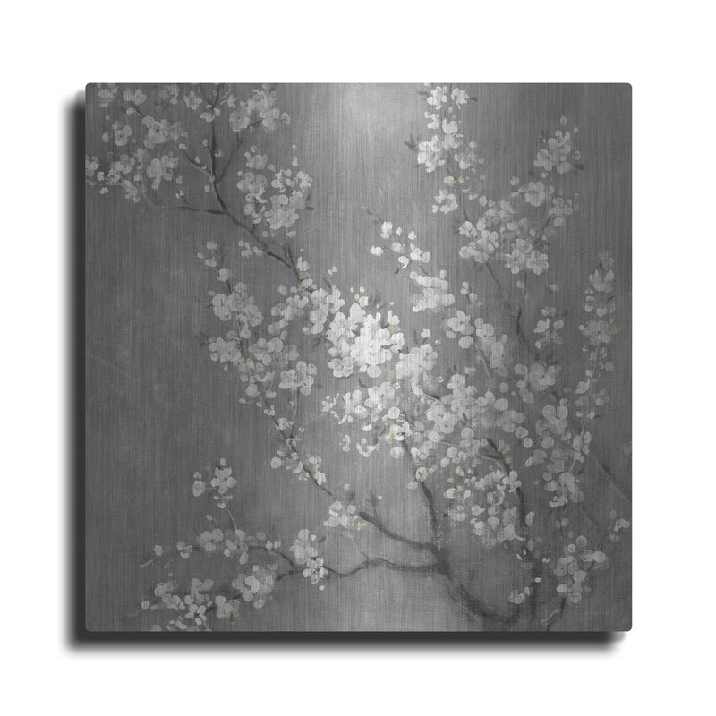 'White Cherry Blossom II on Grey' by Danhui Nai – Metal Wall Art