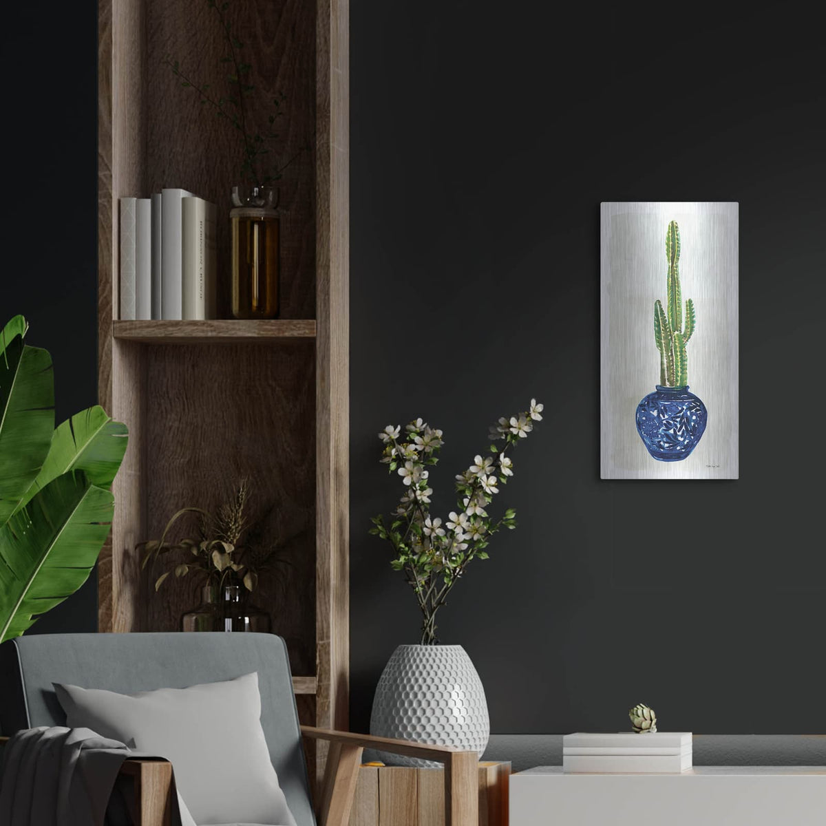 'Cacti in Blue Pot 1' by Stellar Design Studio – Metal Wall Art, 12x24 room view