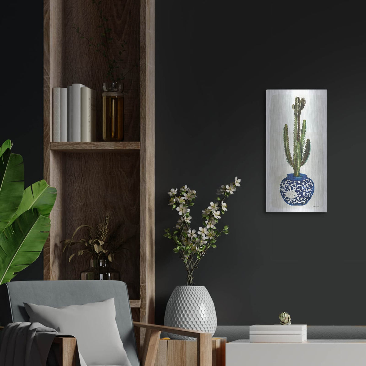 'Cacti in Blue Pot 2' by Stellar Design Studio – Metal Wall Art, 12x24 room view