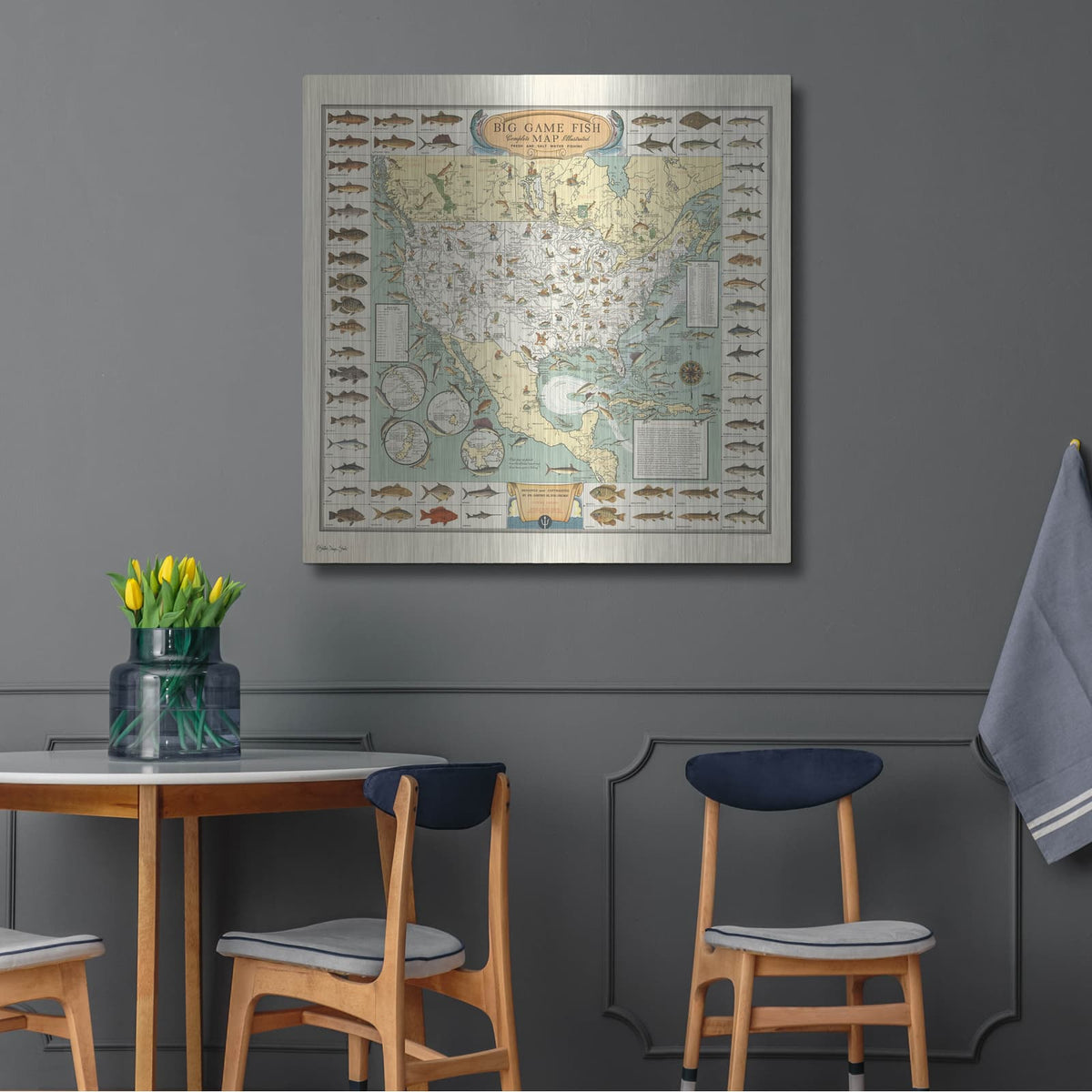 'Big Game Fish Map' by Stellar Design Studio – Metal Wall Art, 36x36 room view