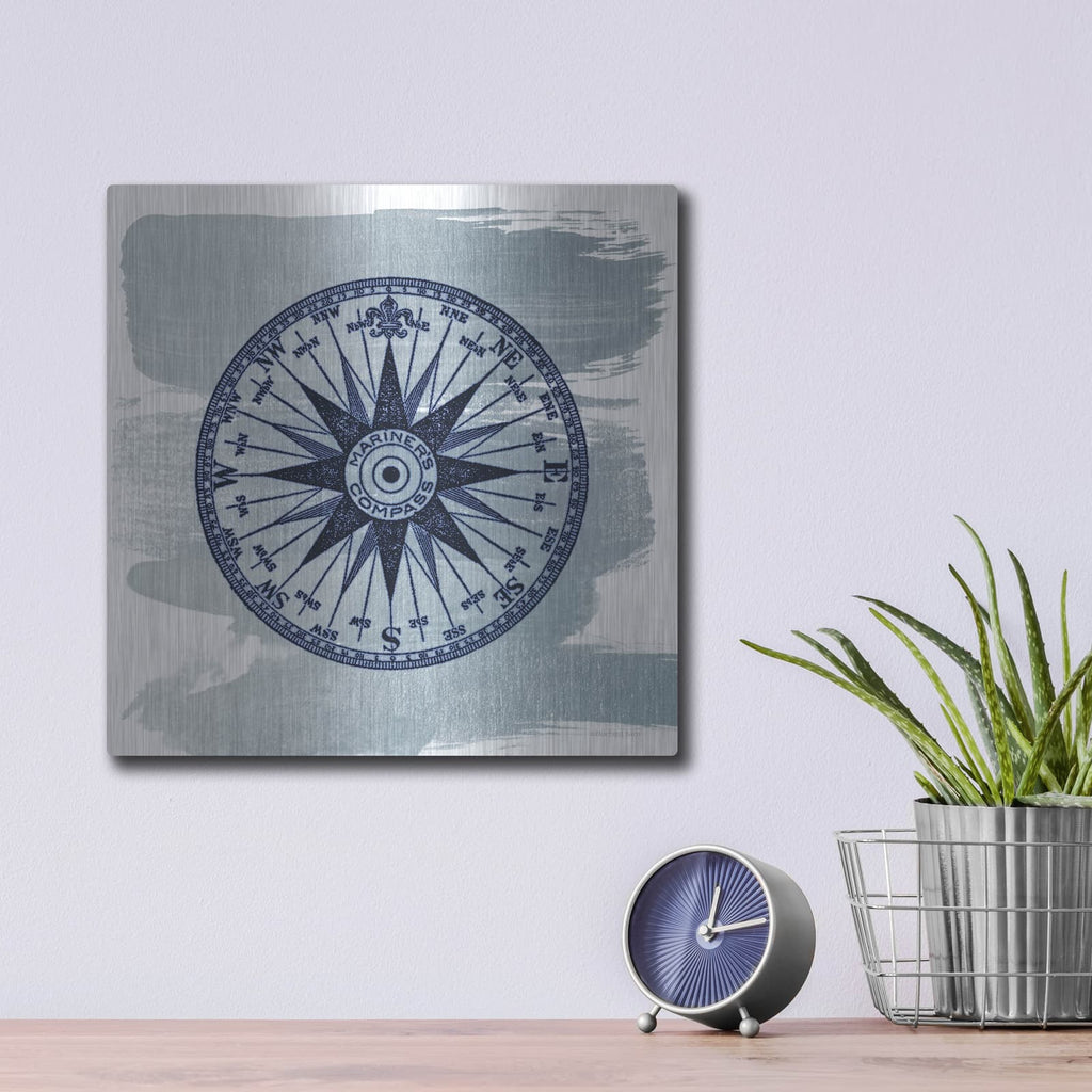 'Brushed Midnight Blue Compass Rose' by Bluebird Barn – Metal Wall Art, 12x12 room view