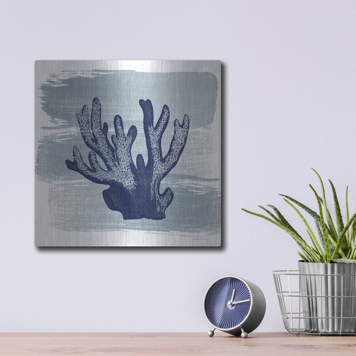 'Brushed Midnight Blue Elkhorn Coral' by Bluebird Barn – Metal Wall Art, 12x12 room view