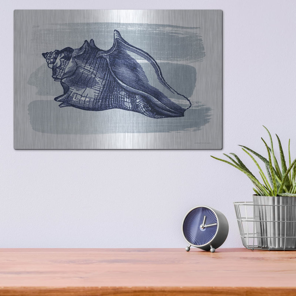 'Brushed Midnight Blue Seashell' by Bluebird Barn – Metal Wall Art, 16x12 room view