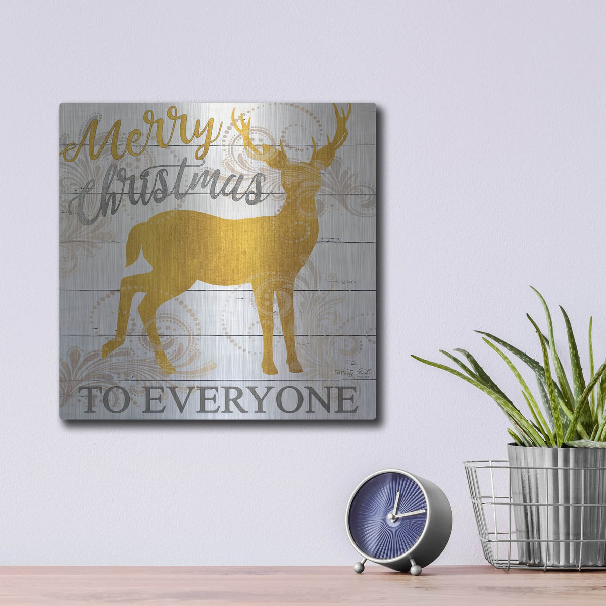 'Merry Christmas to Everyone Deer' by Cindy Jacobs – Metal Wall Art, 12x12 room view