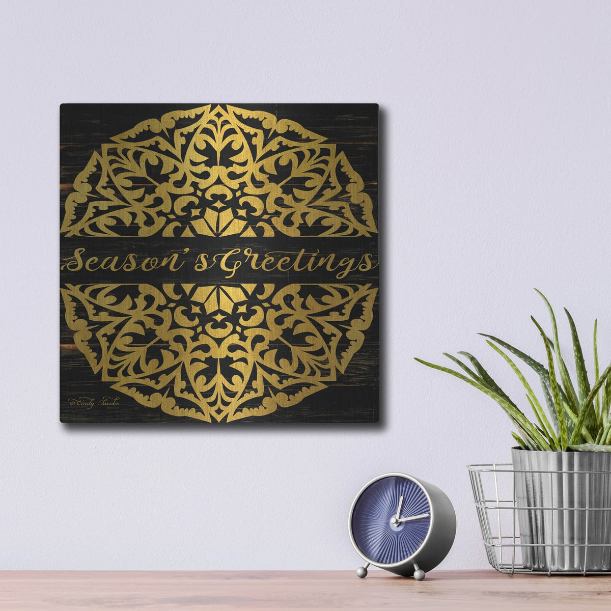 'Season's Greetings Mandala II' by Cindy Jacobs – Metal Wall Art, 12x12 room view