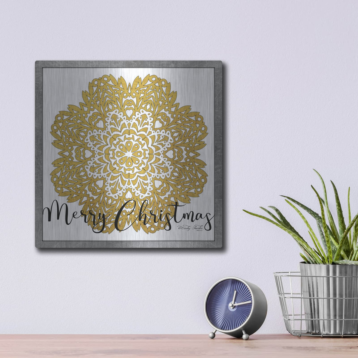 'Merry Christmas Mandala' by Cindy Jacobs – Metal Wall Art, 12x12 room view