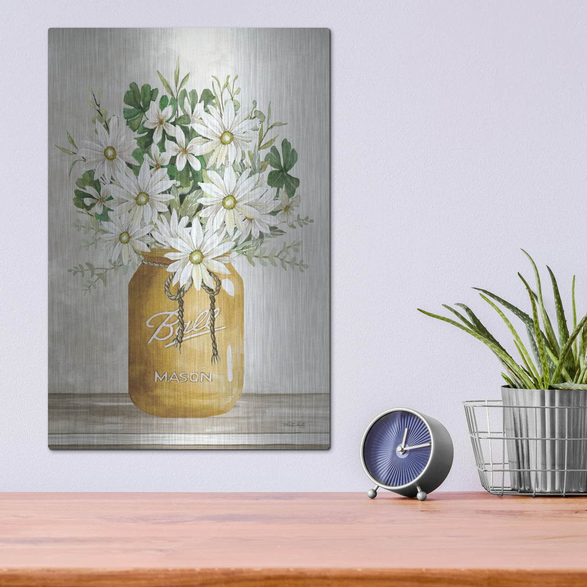 'Gold Jar with White Flowers' by Cindy Jacobs – Metal Wall Art, 12x16 room view