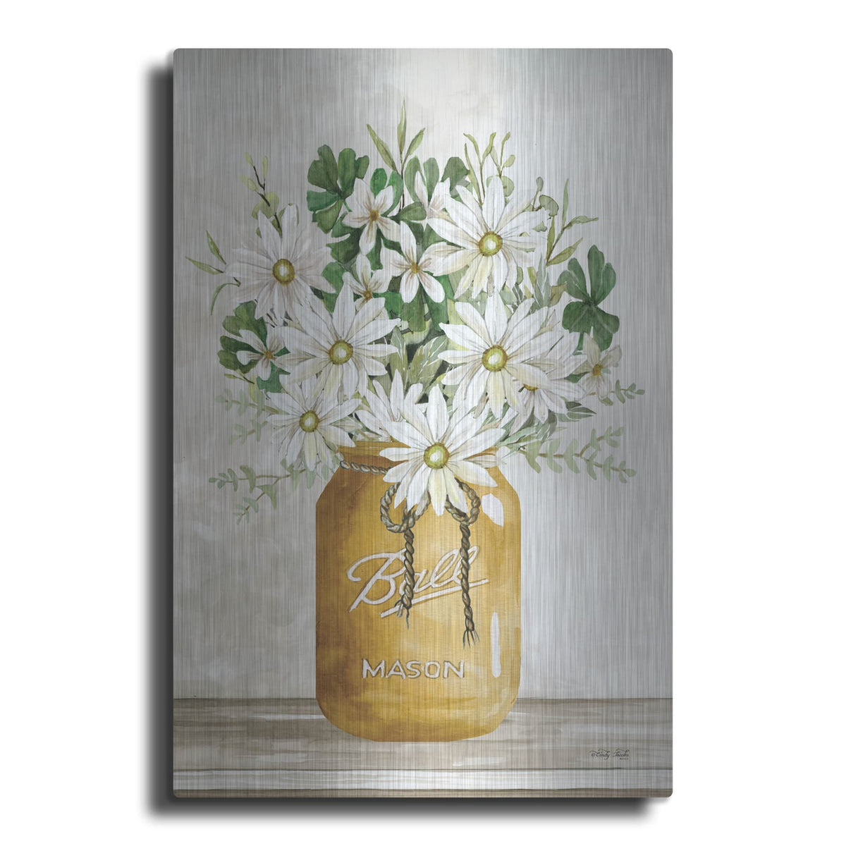 'Gold Jar with White Flowers' by Cindy Jacobs – Metal Wall Art