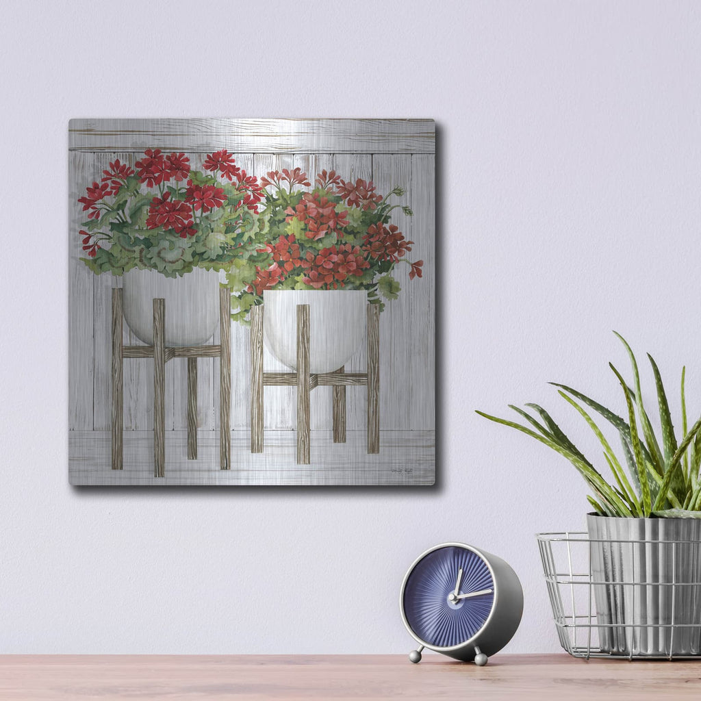 'Red Geraniums' by Cindy Jacobs – Metal Wall Art, 12x12 room view
