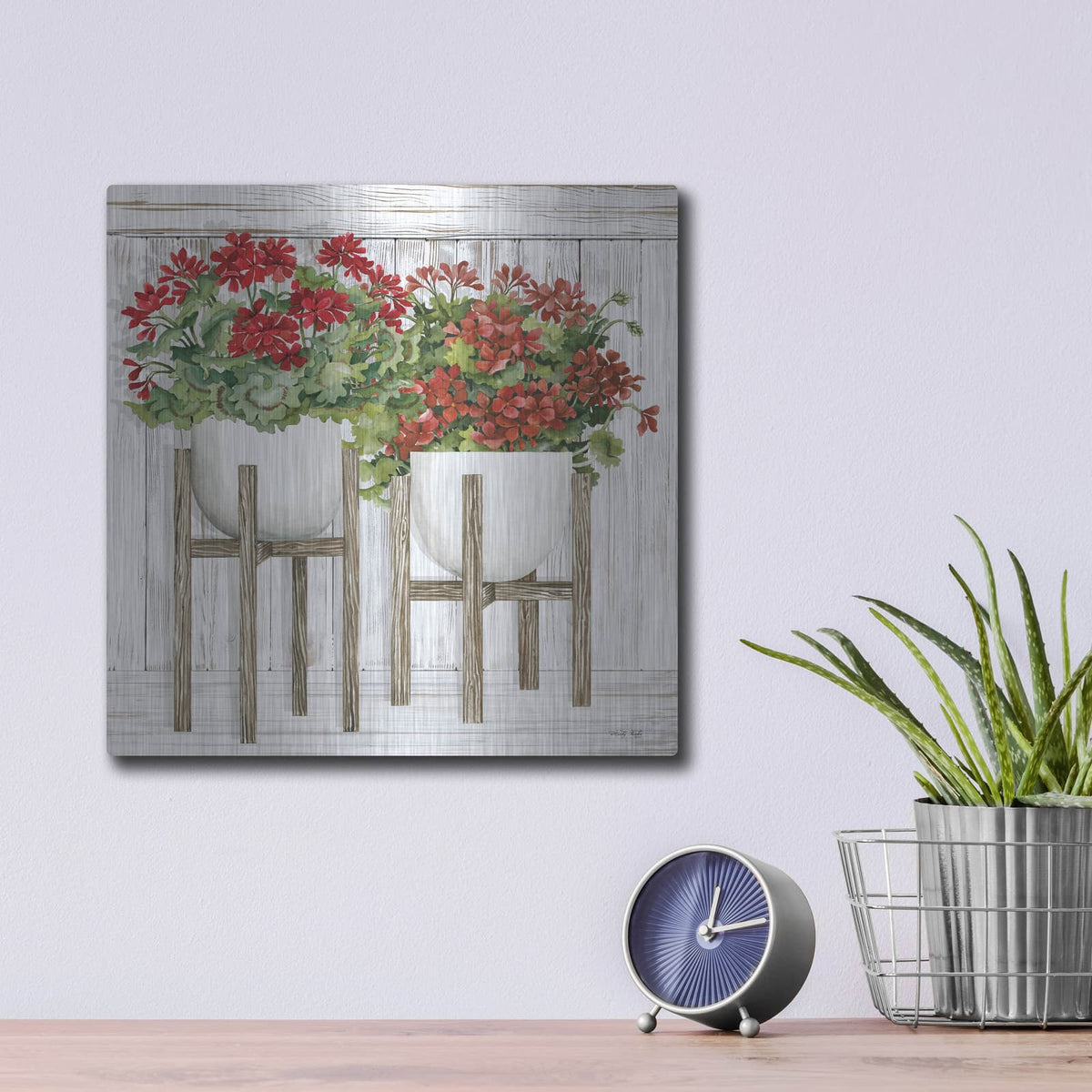'Red Geraniums' by Cindy Jacobs – Metal Wall Art, 12x12 room view